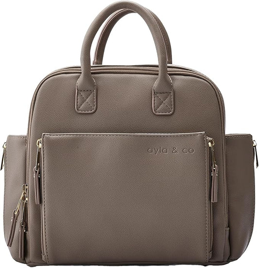 Ayla & Co Mini Bag, Transitional Minimal Diaper Bag, Vegan Leather, with Expandable Pockets, Built-In Wallet, Organizer