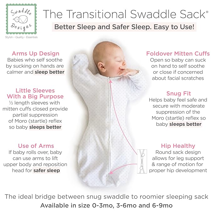 SwaddleDesigns Transitional Swaddle Sack, Arms Up Half-Length Sleeves & Mitten Cuffs, Swaddle for Newborn Transition to Baby Sleep Sack Wearable Blanket, Medium, 3-6 Month, 14-21 lb, Sterling Dots