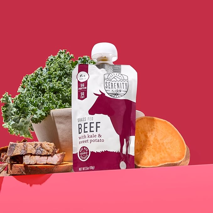 Serenity Kids 6+ Months Baby Food Pouches Puree Made With Ethically Sourced Meats & Organic Veggies | 3.5 Ounce BPA-Free Pouch | Grass Fed Beef, Kale, Sweet Potato | 1 Count