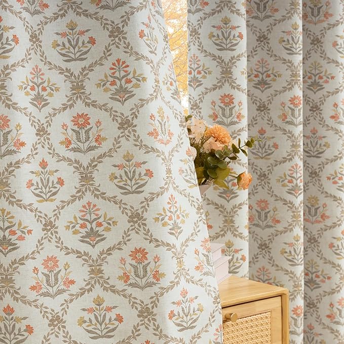 ColorBird 100% Blackout Spring Red Floral Block Print Thermal Curtains 84 Inches Curtains & Drapes Light Brown Patterned Farmhouse Vintage for Bedroom Living Dining Room