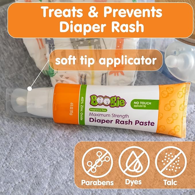 Boogie Diaper Rash Paste, Maximum Strength 40% Zinc Oxide, Mess-Free Applicator, Soothes Baby Bum, Diaper Bag Essential, 4oz (Pack of 3)