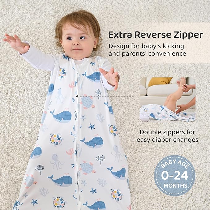 FIEMOL Baby Sleep Sack 18-24 Months, 0.5 TOG Wearable Blanket for Baby Boy and Girl, 2-Way Zipper Toddler Sleeping Bag 2 Pack, Lightweight Sleep Sacks Blue Whale（X-Large）