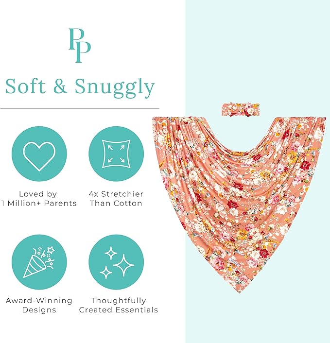 Posh Peanut Swaddle Blanket & Headband Set – Viscose from Bamboo Stretchy Baby Swaddle for Newborn Girls, Receiving Blanket or Nursing Cover