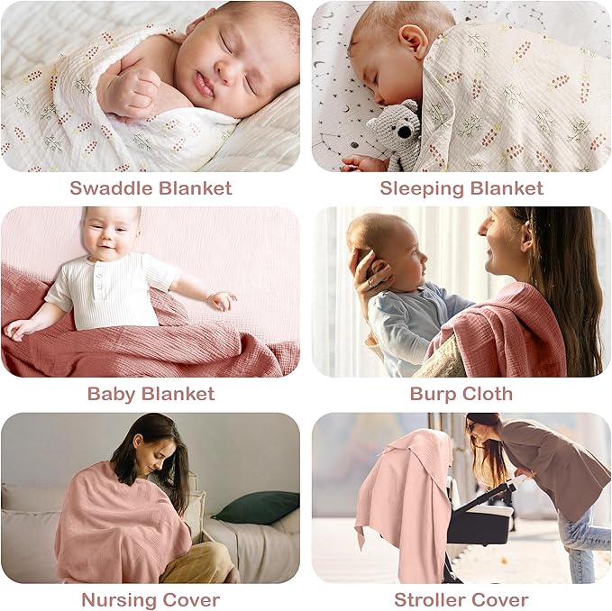 100% Organic Cotton Muslin Baby Blanket 3 Pack - Breathable Swaddle, Hypoallergenic Double-Layer, Versatile Use (Pink, Floral, Rust, 38x40 Inch)