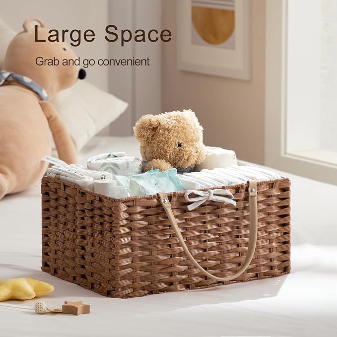 HBlife Large Diaper Caddy Organizer, Washable Waterproof, Portable Plastic Wicker Woven Basket with Divider, Nursery Diaper Station, Baby Shower Gifts Basket & Car Organizer
