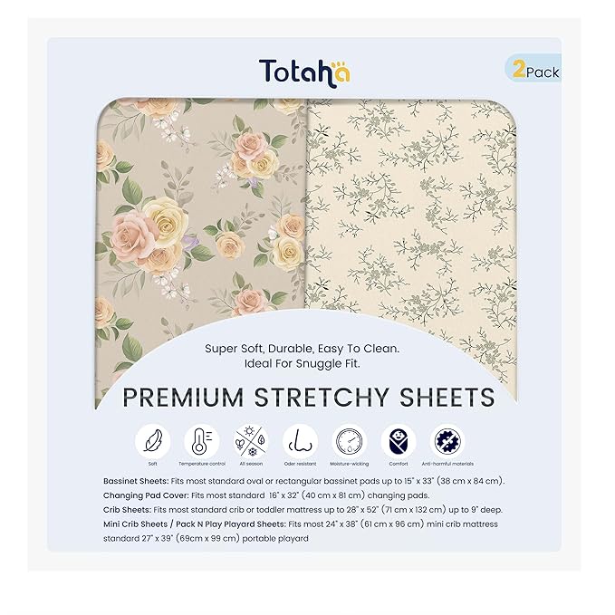 TotAha Premium Soft Bassinet Sheet for Boy Girl, Super Stretchy Jersey Knit Bassinet Fitted Sheet, Compatible with Halo, Maxi COSI, Mika Micky, SNOO, and Other Bassinet, 2 Pack (Vintage Rose & Brunch)