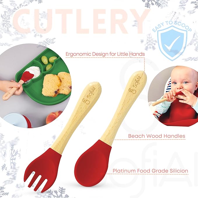 SofiAl All In One Silicone Feeding Set - Safe for 6-12 Months - Non-Toxic Baby Led Weaning Supplies - Toddler Self Feeding Utensils - BPA-Free - Mess Free Essentials