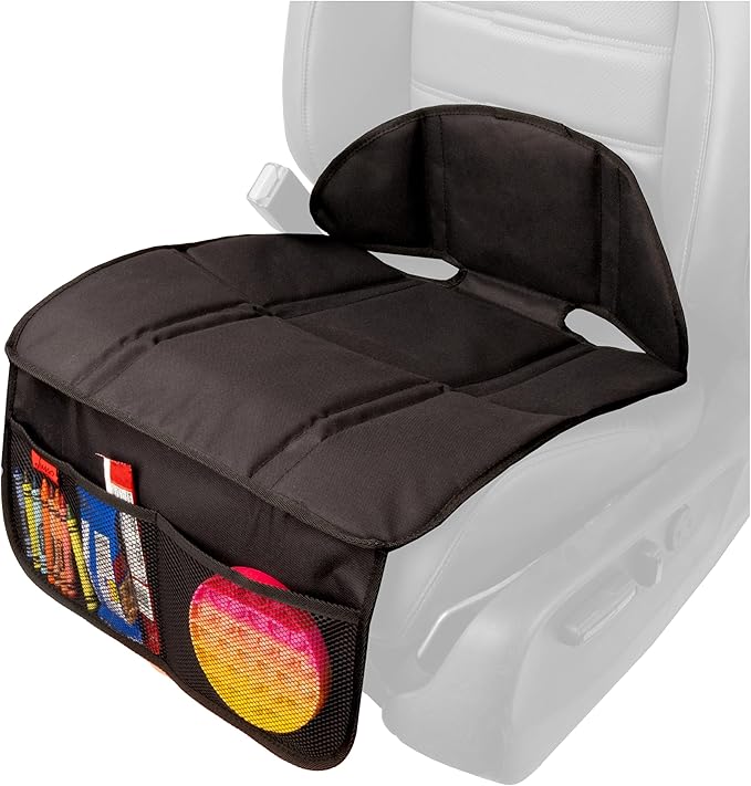 Lusso Gear Car Seat Protector for Baby - Backless Mat With Thick Padding, 2 Mesh Storage Pockets, Waterproof - Protects Fabric or Leather Seats, Non-Slip Padded Backing (Black)