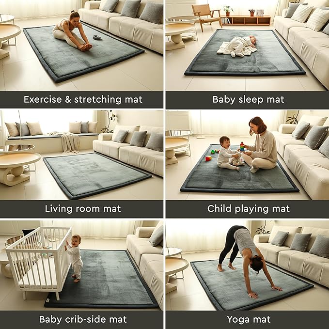 Grey Baby PlayMat Rug Extra Thick 3.5CM | Cloudsoft Coral Velvet Crawl Memory Foam Floor Mat | Anti-Spill | Anti-Slip | Toddlers Infants Kids Children | 60"x80" | Tummy Time | Padded Yoga Rug