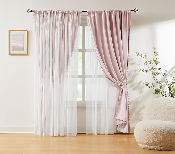 Pink Blackout Curtains with Sheer Overlay for Bedroom, Mix & Match Double Layer Pom Pom Curtains for Girl Nursery, Living Room, Rod Pocket Thermal Insulated Window Panels with Tiebacks 52W X 84L, 2pcs