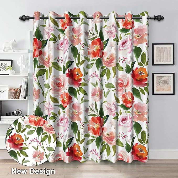 Renaiss Watercolor Flowers Curtains Rose Peony Floral Print Blackout Window Curtain Panels Thermal Insulated Grommet Top Window Curtains for Living Room Bedroom 42W x 63L Inch 2 Panel Set