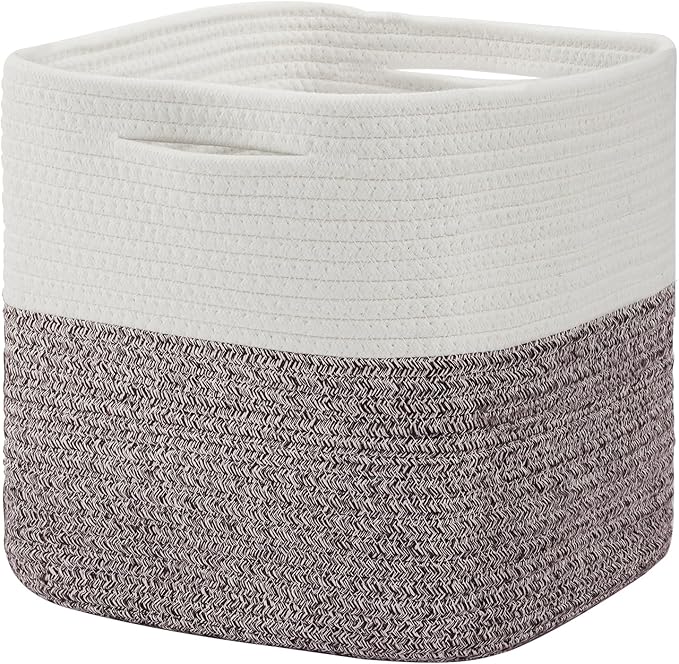 Cube Storage Bin 11" x 10.5" x 10.5" Cotton Rope Basket Square Woven Storage Basket for Shelves, Closet Organizer, Soft Towel Sock Basket, White/Brown, 1 Pack