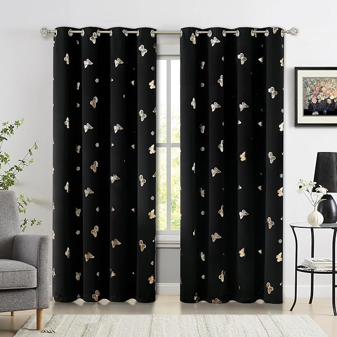 Jubilantex Butterfly Blackout Curtains 2 Panels 84 Inch Long for Girls Bedroom, Black and Gold Foil Print Floral Drapery 100% Room Darkening Grommet Top Window Drapes for Living Room, 52x84Inch