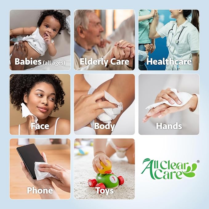 All Clear Care Baby Wipes, Bulk Unscented 24PK (1920 Wipes), 99% Water for Sensitive Skin, Large Soft Durable, Gentle & Hypoallergenic for Babies & Adults, Vitamin E and Aloe, Flip Top Lid