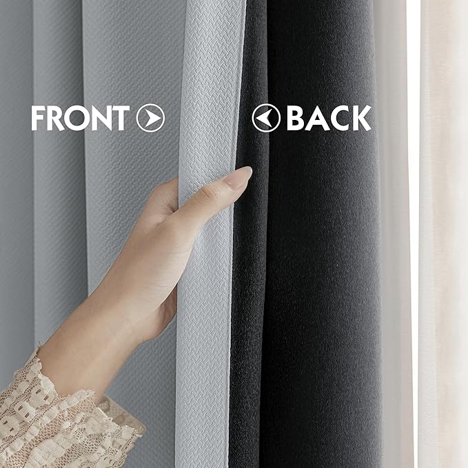 FMFUNCTEX 100% Light Grey Blackout Curtains for Living Room, Curtains 96 Inches Long Weave Textured Thermal Insulated Curtains for Bedroom, Black Out Drapery Grommet Room Darkening 2 Panels