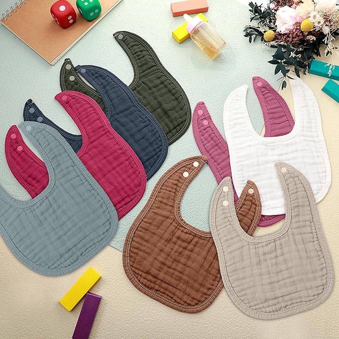 Frienda 8 Pcs Muslin Baby Bibs Cotton Bandana Drool Bibs Bulk for Newborn Infant 6 Absorbent Layers Feeding Accessory
