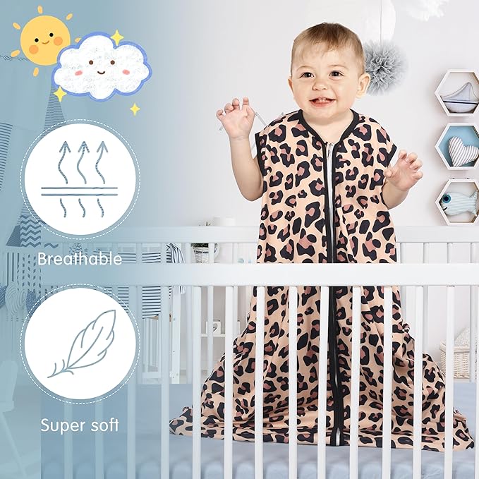 BSTOPPT 3 Pack Baby Sleep Sack 100% Rayon Cotton Baby Sleeping Bag 2-Way Zipper Toddler Wearable Blankets TOG 0.3. (Leopard&Cobble&Green, 6-12 Months)