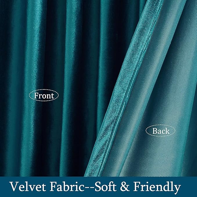 PRIMROSE Teal Velvet Curtains 102 inch Long for Living Room,Set of 2 Panels Blackout Rod Pocket Back Tab Window Treatment Room Darkening Heavy Decorative Curtains Drapes for Bedroom