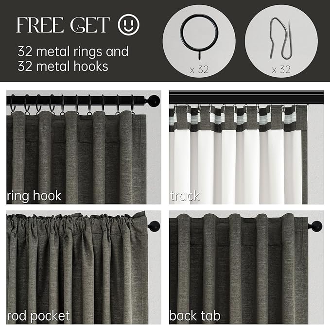 95 Inch Long Gray Blackout Curtains for Bedroom 2 Panels Set Modern Linen Blend Texture Back Tab Pleated Floor to Ceiling Thermal Drapes Hooks Rings Window Drapes Decor (W52 x L95 Charcoal Grey)
