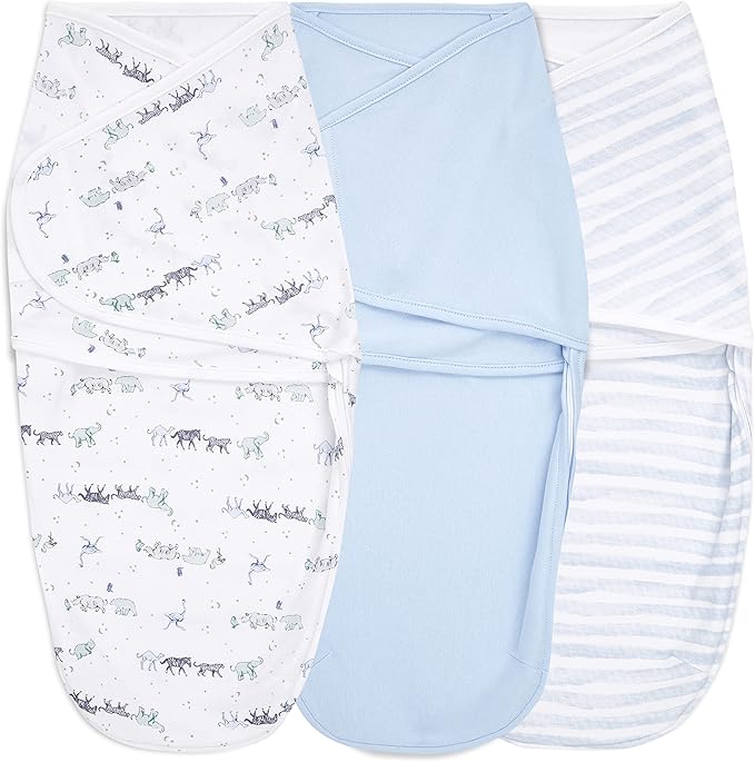 aden + anais Essentials Easy Swaddle Wrap Quick Change with Bottom Zipper, Snug Cotton Knit Baby Wrap Swaddle Blanket for Newborns, TOG 1.0, 3-Pack, Rising Star, 0-3 Months, Small/Medium