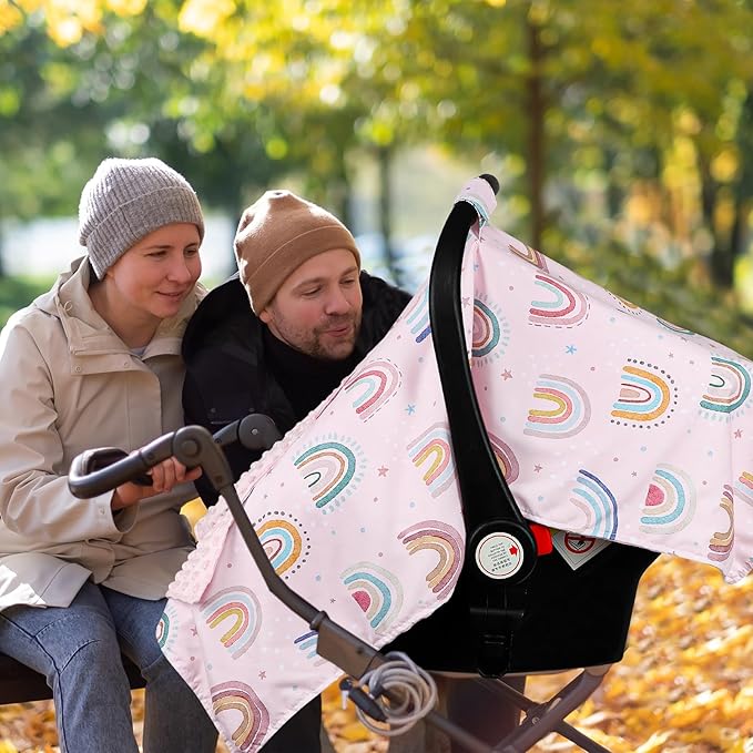 Car Seat Cover Baby, Peekaboo Opening Carseat Covers Baby Girl, Warm Minky Infant Car Seat Canopy, Multi-Use Cover Protecting Baby from Wind, Sun, Strangers, Pink Rainbow