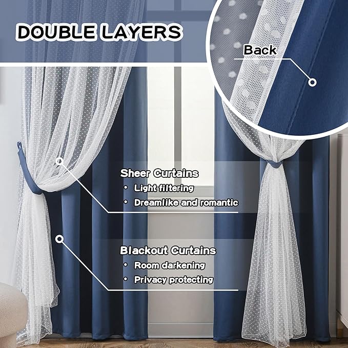 MYSKY HOME Navy Blue Blackout Curtains for Girls Bedroom & Nursery Kids Cute Curtains 63 inch Long Double Layer with Polka Dots Sheer, Grommet Tops, 52" Wide Each Panel, 2 Panels