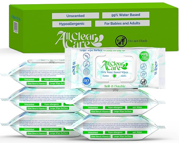 All Clear Care Baby Wipes, Unscented Wipes for Sensitive Skin, Large Soft Durable & 99% Water Based, Gentle & Hypoallergenic for Babies & Adults, Vitamin E and Aloe, Flip Top Lid, 6 Pack (480 Wipes)