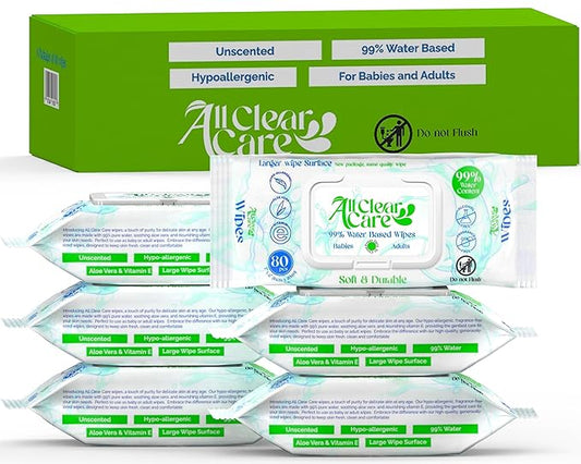 All Clear Care Baby Wipes, Unscented Wipes for Sensitive Skin, Large Soft Durable & 99% Water Based, Gentle & Hypoallergenic for Babies & Adults, Vitamin E and Aloe, Flip Top Lid, 6 Pack (480 Wipes)