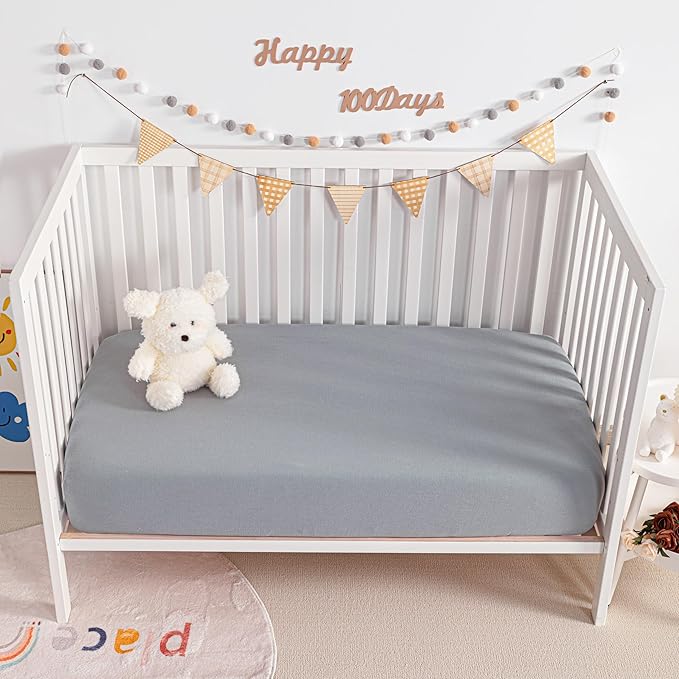 NTBAY 2 Pack Muslin Cotton Crib Sheets, Soft and Breathable Double Layer 28x52 Baby Crib Sheets for Standard Crib and Toddler Mattresses, Boys, Girls, Unisex, Grey, 28x52 Inches