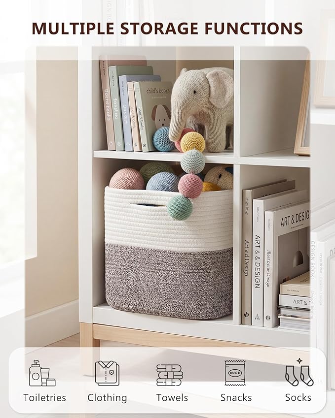 Cube Storage Bin 11" x 10.5" x 10.5" Cotton Rope Basket Square Woven Storage Basket for Shelves, Closet Organizer, Soft Towel Sock Basket, White/Brown, 1 Pack