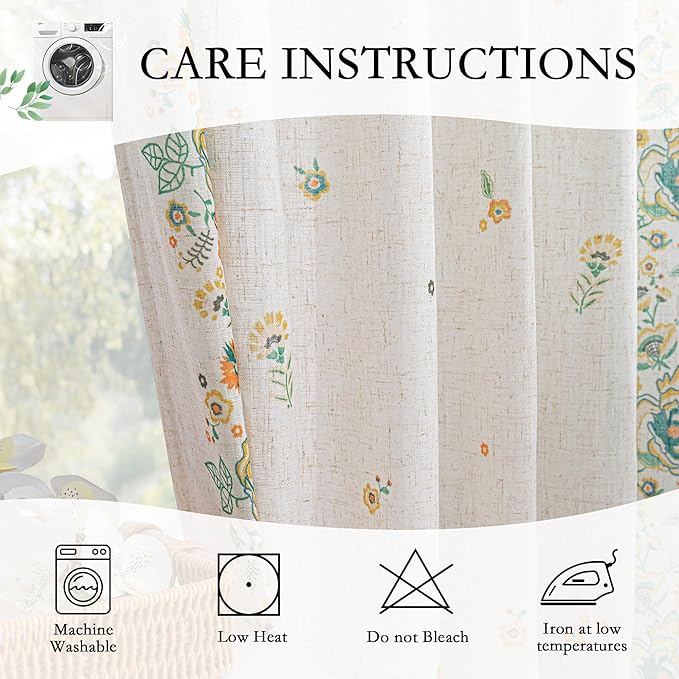 MYSKY HOME Boho Floral Curtains 63 inch Linen Blend for Bedroom Kitchen Bohemian Style Farmhouse Flower Patterned Home Decor Light Filtering Back Tab Drapes, 50x63 Inch, Yellow and Blue, 2 Pcs