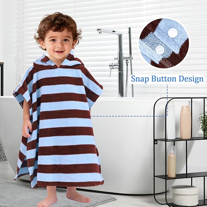 Toddler Bath Towels with Hood, Oversized (2-4Years,22"X22") Made from 100% Soft Cotton,Absorbent Hooded Poncho Towel for Baby Boy,Perfect for Pool | Swimming | Bath | Beach,Brown Blue Stripe
