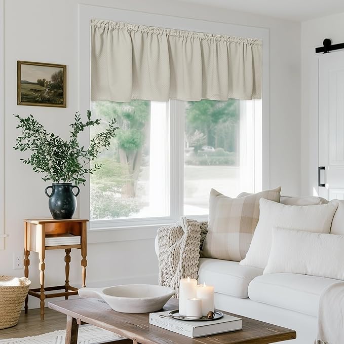 FMFUNCTEX 100% Blackout Valance Curtains for Bedroom, Cream Textured Kitchen Window Curtains 18 Inch Length Thermal Insulated Curtains for Living Room, Rod Pocket Drapes Room Darkening 1 Panel