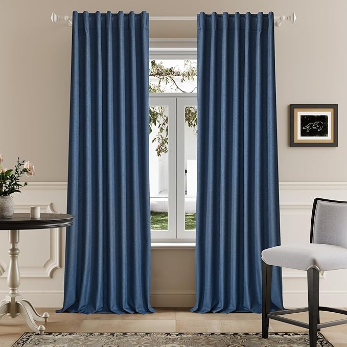 DUALIFE Blue Blackout Curtains 102 Inch Length 2 Panels Set for Living Room Bedroom Rod&Back Tab Thermal Insulated 100% Black Out Linen Drapes Room Darkening Window Curtains 72" x 102"