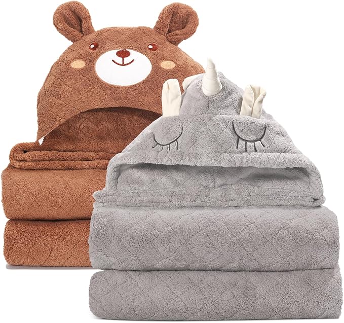 Toddler Towels for Boy 1-5,2 Pack 50" x 32" Baby Hooded Towel Boys, Ultra Thick and Soft Absorbent for Kids Cozy and Warm,Bath Essential for Newborn, Infant, Brown Bear& Gray Unicorn