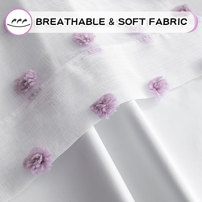 MYSKY HOME 100% Blackout Curtains for Girls Bedroom 80 Inches Long Total Light Blocking Curtains for Living Room 2 Panels Grommet Room Darkening Window Drapes with Purple Pom Pom Sheer 52W x 80L