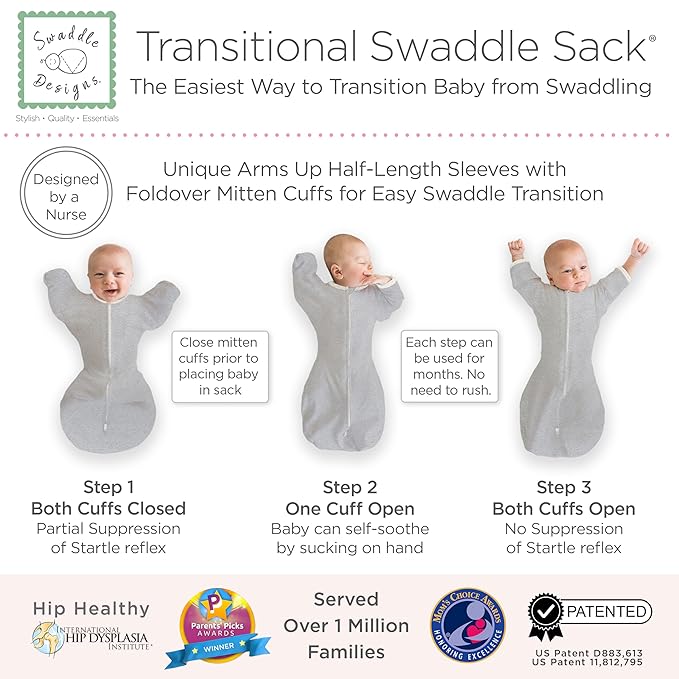 SwaddleDesigns Transitional Swaddle Sack, Arms Up Half-Length Sleeves & Mitten Cuffs, Swaddle for Newborn Transition to Baby Sleep Sack Wearable Blanket, Large, 6-9 Month, 21-24 lb, Tiny Hedgehogs