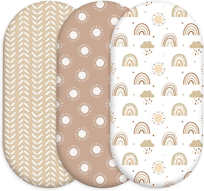 3 Pack Stretchy Bassinet Sheets for Baby Girl Boy, Soft Breathable Baby Bassinet Mattress Sheets Fit for Hourglass Oval Cradle, Moses Basket Rectangle Mattress (Brown Rainbow)