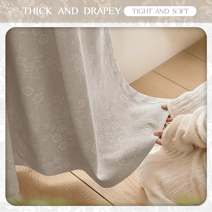 Beauoop Beige Floral Jacquard Blackout Curtains 96 Inches Long 2 Panels for Living Room Bedroom Chenille Flower Room Darkening Thermal Insulated Soundproof Grommet Window Drapes, 52x96 Set of 2