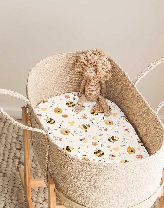 Bassinet Sheets for Baby Girls Boys 2 Pack, Fitted Baby Mattress Sheet for Rectangle, Oval, Hourglass Bassinet Mattress, Breathable Cozy & Universal Fit (Honeybee Dreams)