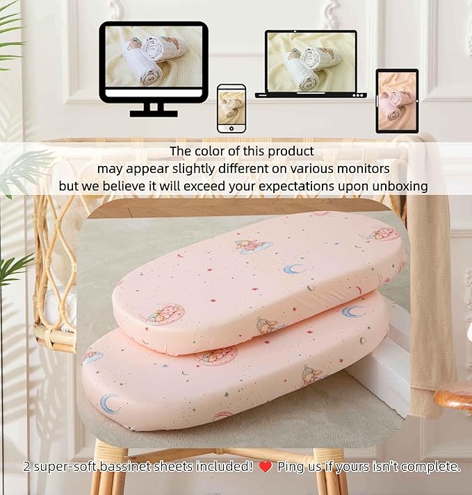 SDY Jersey Bassinet Sheets for Baby Girls,32 "x 16 "x 4",2 Pack,Pink Bunny Easter Day Style Standard Oval/Retangle Bassinet Mattress Sheets for Toddler,Super Soft Breathable