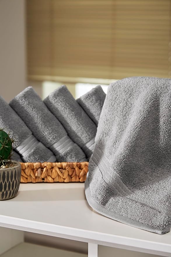 Ozdilek 6-Piece Washcloth Set 13x13 100% Turkish Cotton, 600 GSM, Soft, Gentle on Sensitive Skin, Multi-Purpose Use, Washable, Reusable, Ideal for Baby Care & Spa 6 Towels (Light Grey)