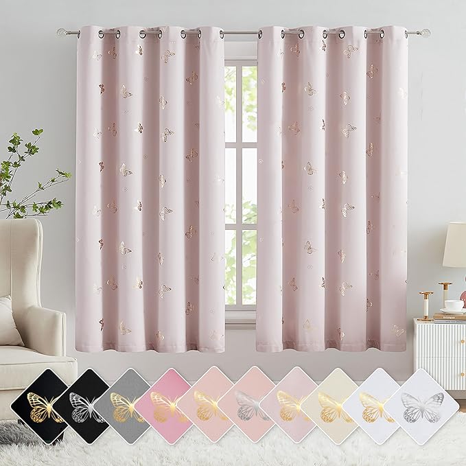 Jubilantex Lavender Pink and Gold Butterfly Blackout Curtains 63" Length for Baby Girls Nursery Bedroom 80% Blackout Grommet Window Treatment,1 Pair