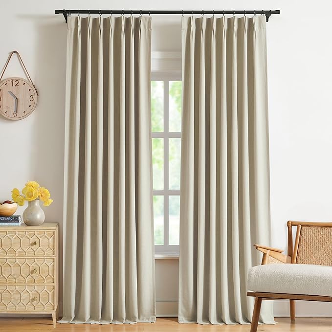WEST LAKE Extra Long Sand Pinch Pleated Full Blackout Curtain Panels 112 Inches Long,French Pleat Linen Blended Room Darkening Drapes,Modern Window Treatment for Bedroom,40" Wx112 L(Pack of 2)