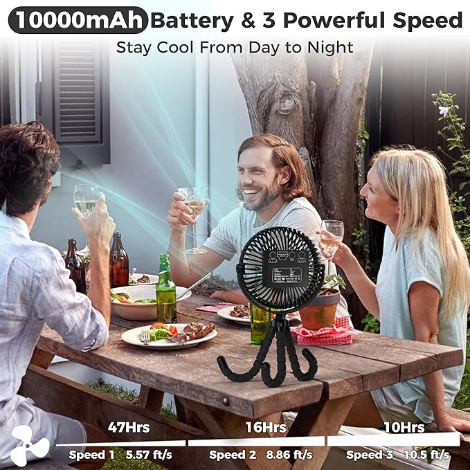 Camping Fan with LED Lantern-10000mAh Rechargeable Battery Operated Fan, 47H Run Time Max,3 Speeds,3 Timer,7 Inch Portable Clip on for Stroller Treadmill Tent RV Outdoor Emergency Outage Hurricane