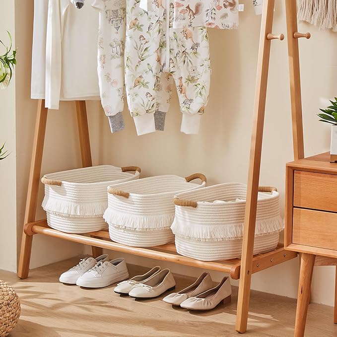 Storage Bins Woven Baskets for Storage Set of 3, Cotton Rope Basket with Handles for Toys/Shelves/Laundry, Rectangle Multi-Purpose Organizer for Living Room, Bedroom, Nursery (White)