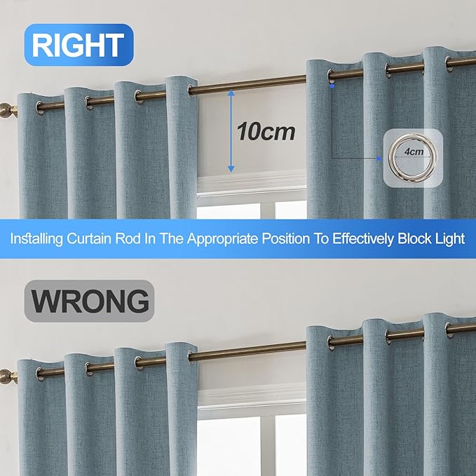 Linen 100% Blackout Curtains for Bedroom, Black Out Curtains 72 Inch Long, Room Darkening Curtains for Living Room, Long Curtain Grommets Drapes, Thermal Curtains(2 Panels, Light Blue)
