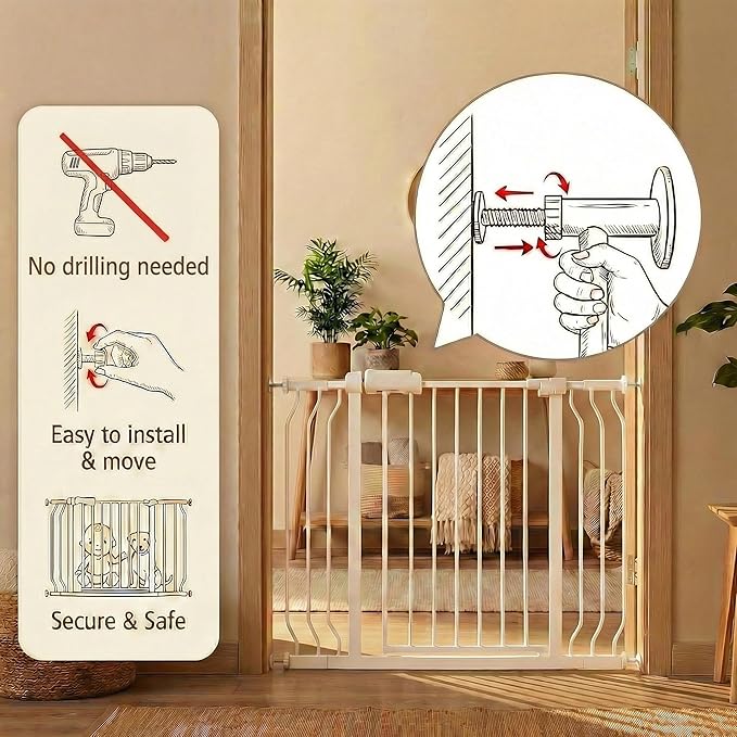 24-29 Inch Narrow Baby Gate, Pressure Mounted No Drilling Dog Gate for Stairs & Doorways, White Metal Safety Gate Indoor for Kids and Pets