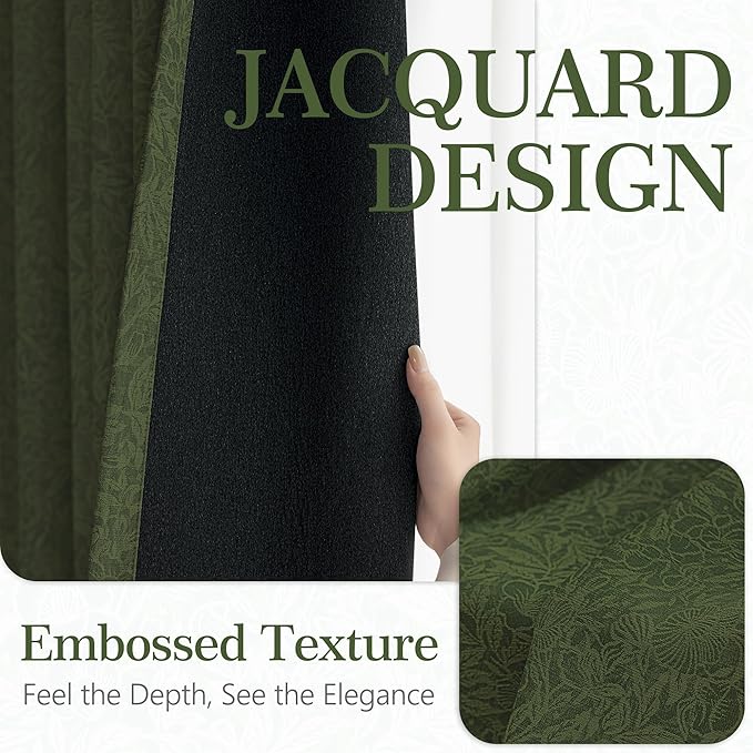 Metro Parlor Green Floral Blackout Curtains 84 Inches Long for Bedroom, Jacquard Chenille Patterned Vintage Flower Curtains for Living Room Darkening Thermal Insulated Grommet Window Drapes, 2 Panels