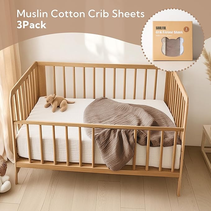 SOULFUL Muslin Crib Sheets for Boys Girls, 3 Pack Soft and Breathable Cotton Fitted Crib Sheets for Standard Crib Mattress (28"x 52", White & Beige & Brown)